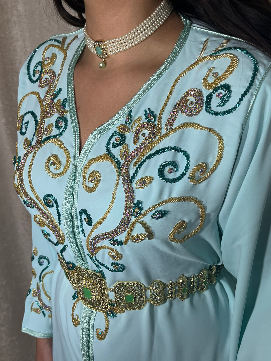 turquoise caftan eid kaftan beading luxury elegant