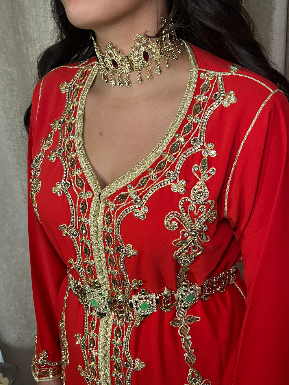 red caftan elegant maxi dress long sleeve Maxi Moroccan dress 