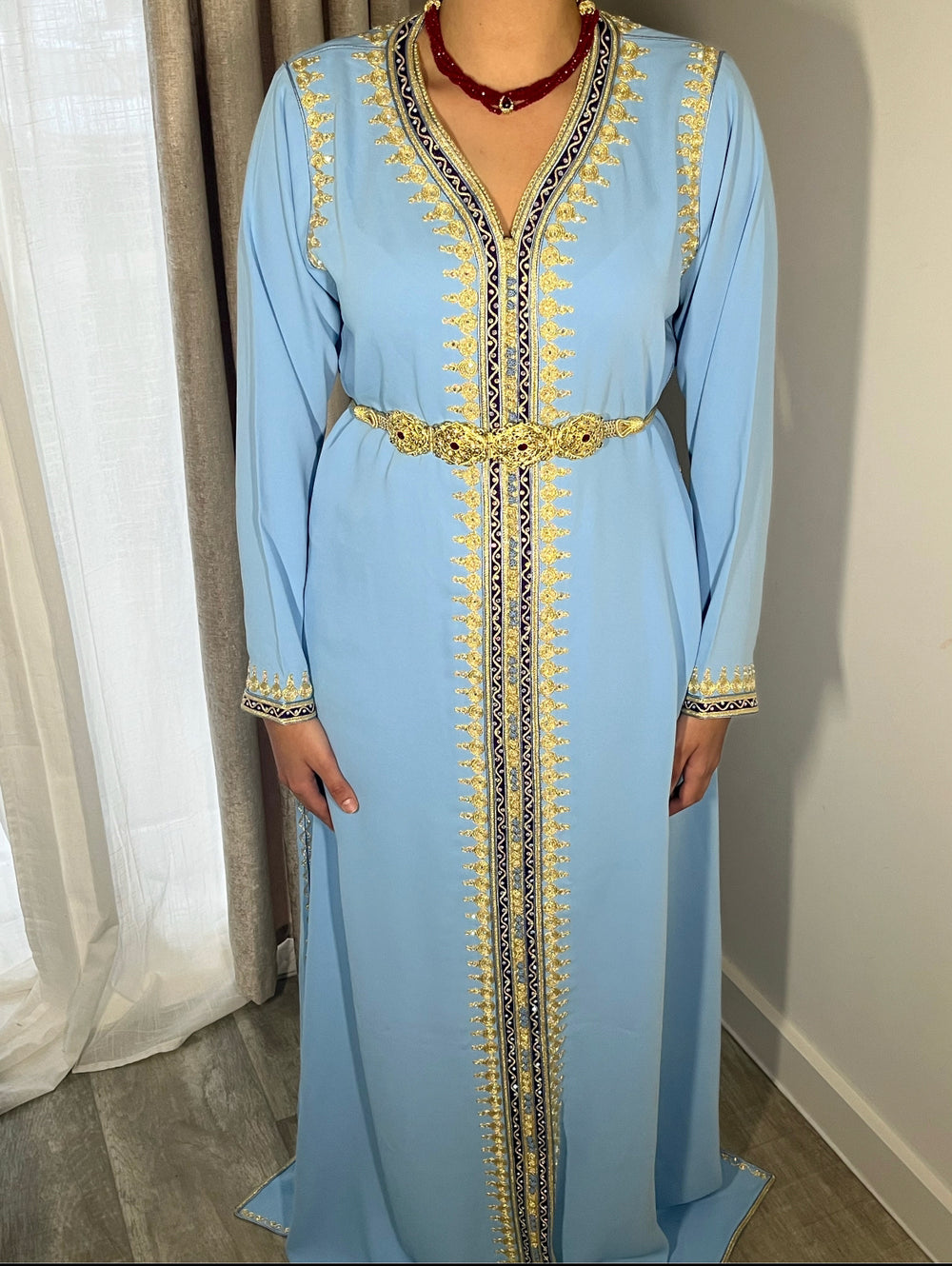 sky light blue with gold embroidery beldi design caftan elegant maxi dress long sleeve Maxi Moroccan dress 
