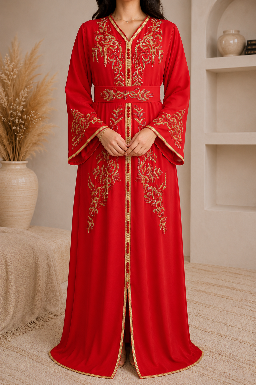 A woman wearing a long red abaya with ornate gold embroidery and gold trim, standing in a warm beige interior setting.