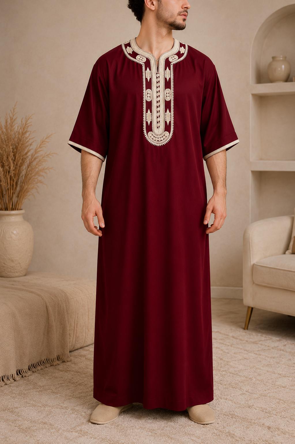 A man wearing a long burgundy abaya with cream-colored embroidery around the neckline and sleeve cuffs, standing in a neutral-toned indoor setting.