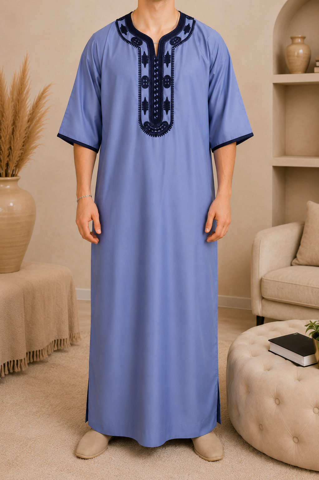 Luxury Light Blue Moroccan Men's Thobe with Navy Embroidery