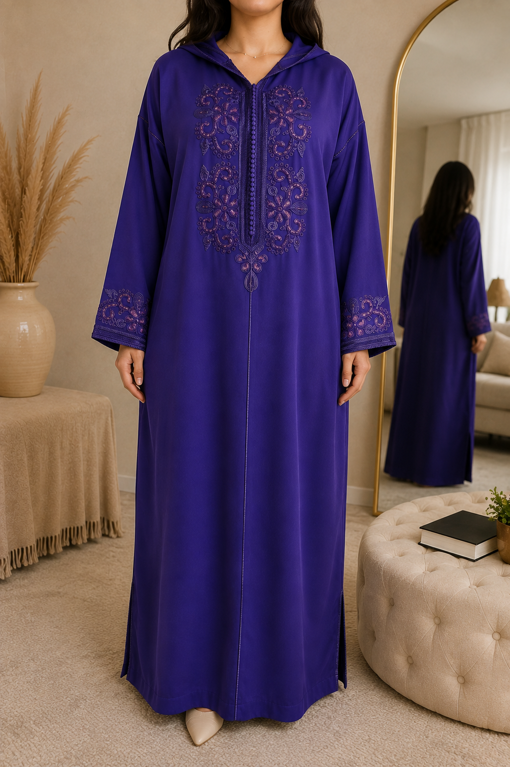 A woman wearing a long royal blue abaya with purple floral embroidery on the chest and cuffs, standing in a neutral-toned room with a mirror showing her reflection.