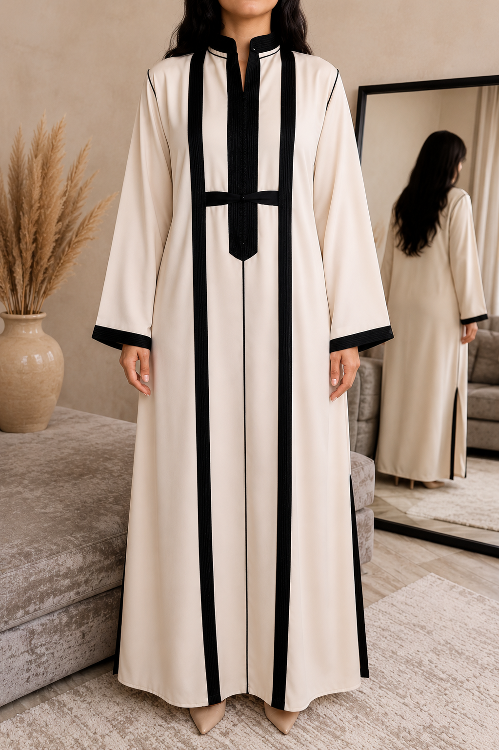 A woman wearing a long cream abaya with bold black vertical stripes and a black collar, standing in a modern living room with a mirror showing her reflection.