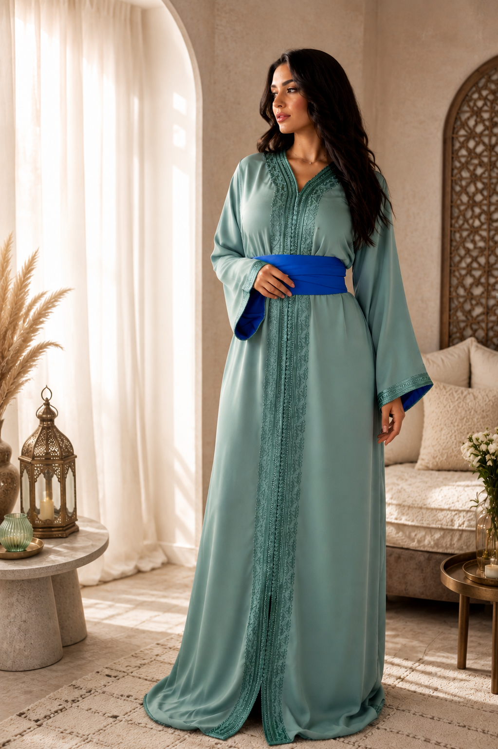 A woman wearing a flowing sage green kaftan dress with a bright blue sash, standing in a warm, sunlit room with neutral-toned furniture and curtains.