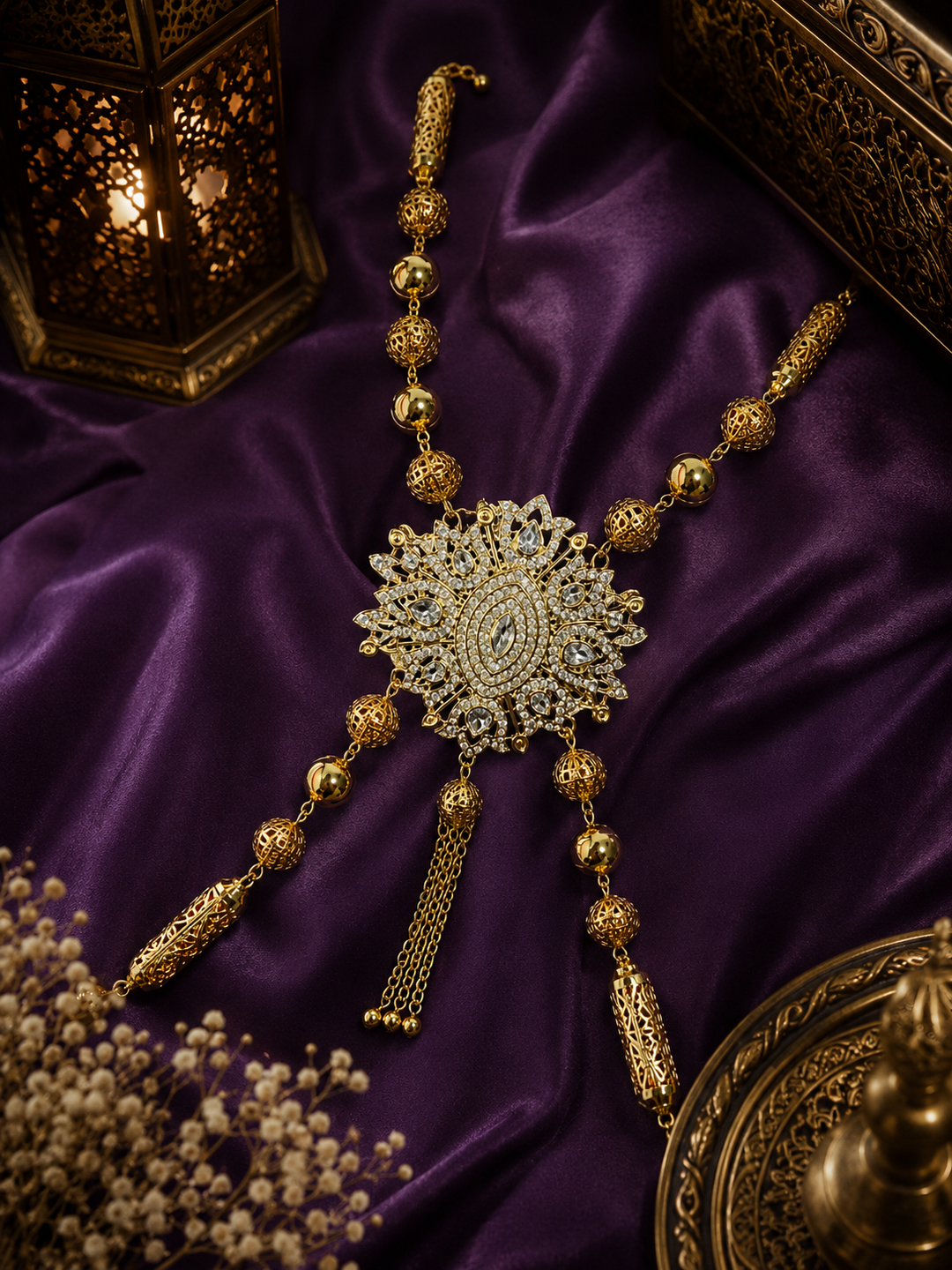 Traditional Moroccan Hamela gold chain featuring intricate filigree detailing, crystal centerpiece accents, and elegant draped chains styled on rich purple fabric for luxury Moroccan caftan and occasion wear.
