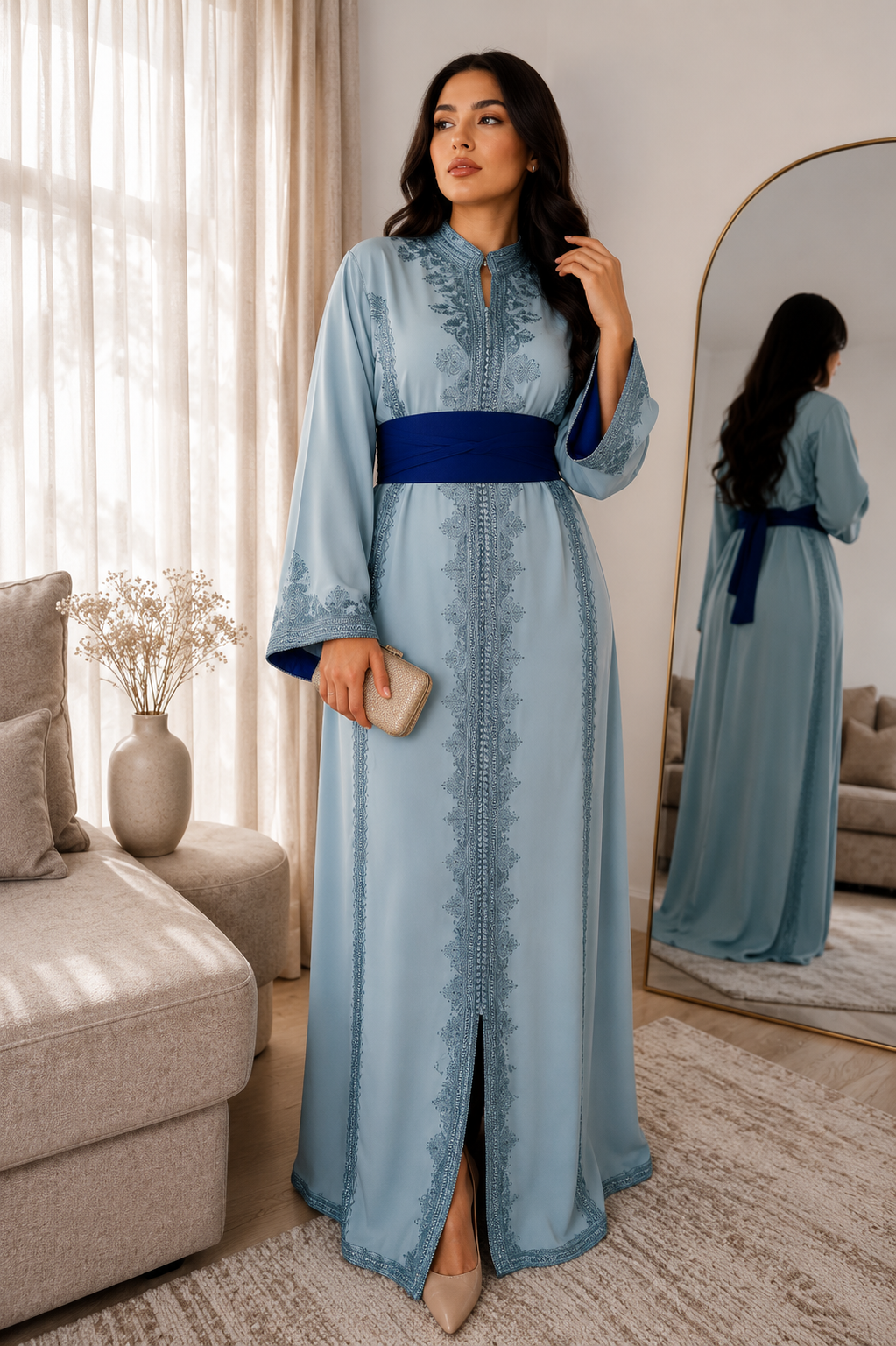 Woman in a long blue dress with a matching belt standing in a living room.