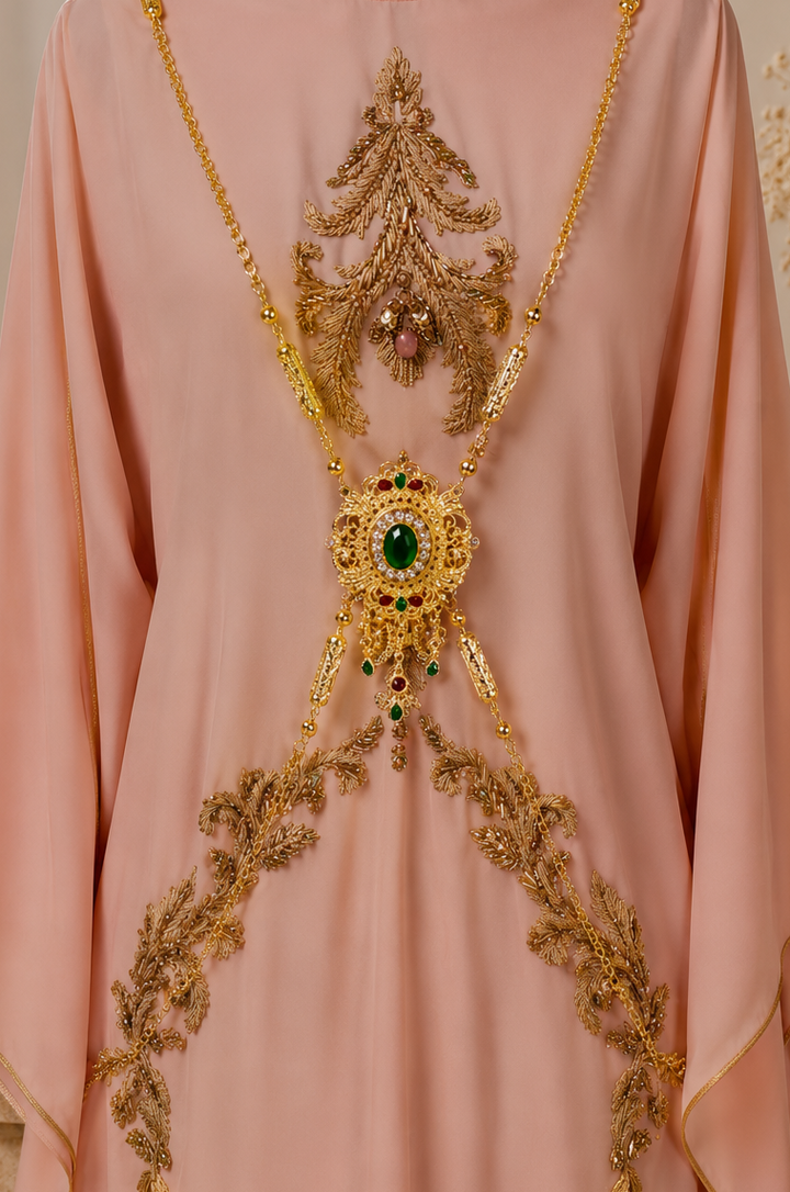 Traditional Moroccan Hamela chain, Moroccan jewelry, Moroccan body chain, Moroccan caftan accessories, luxury Moroccan fashion, gold Hamela chain, Moroccan wedding jewelry, emerald Moroccan jewelry, Arabic jewelry, Moroccan glam accessories, Moroccan bridal accessories, Eid jewelry, henna accessories, luxury gold body chain, ornate Moroccan jewelry, traditional Moroccan accessories, Moroccan statement chain, Moroccan heritage fashion, takchita jewelry, North African luxury fashion
