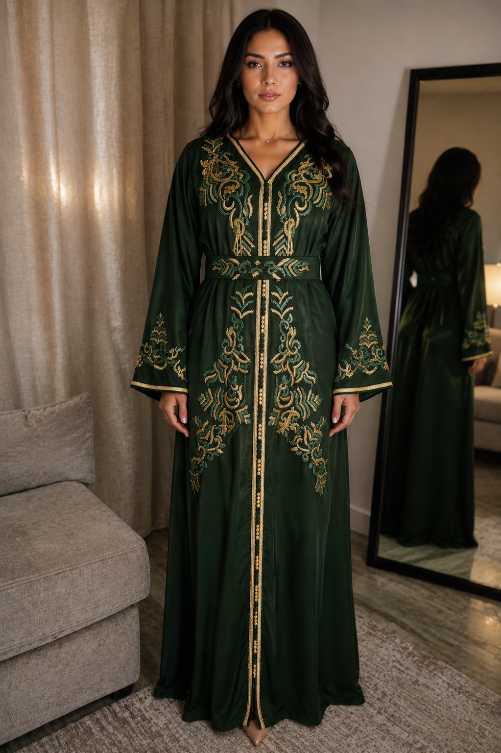 Woman wearing a dark green embroidered Moroccan caftan dress in a room with a mirror.