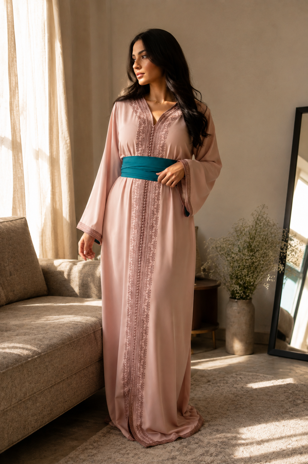 A woman wearing a long dusty pink kaftan dress with vertical lace detailing and a wide teal sash at the waist, standing in a sunlit living room next to a sofa.